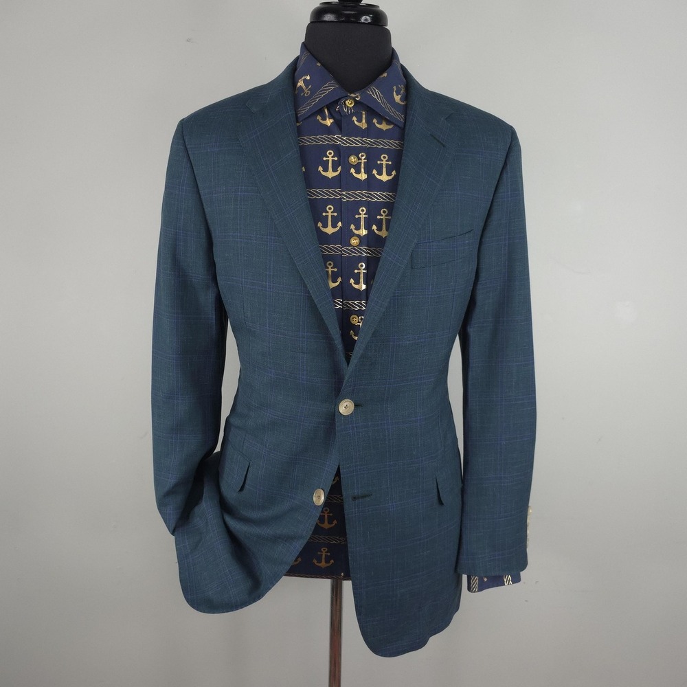 Hickey Freeman Blazer Mens 42L Blue Plaid Wool Flax Silk Sport Coat Jacket